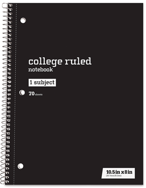 Spiral Notebook, 8" x 10-1/2", College Ruled, 70 Sheets