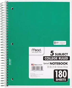 Assorted Mead 5 Subject College Ruled Notebook