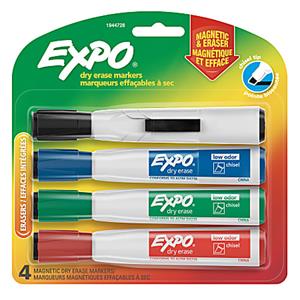 EXPO® Magnetic Dry Erase Markers With Eraser, Chisel Tip, Assorted Ink Colors, Pack Of 4